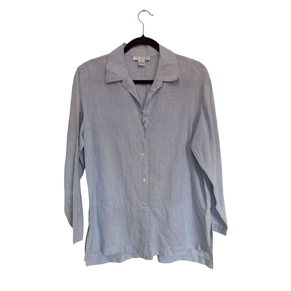 Real Clothes Saks Fifth Avenue 100% Linen Button Up Shirt Blue Women's Size 10 - Picture 2 of 6